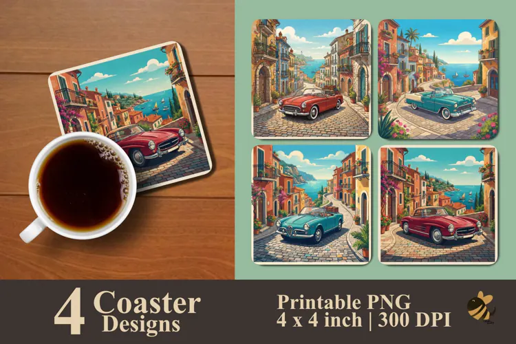 Vintage Seaside Car Coaster Sublimation Designs