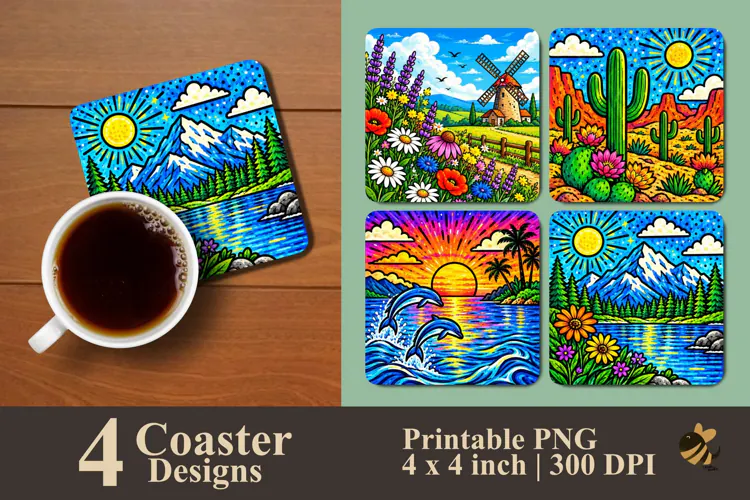 Pop Art Nature Landscapes Coaster Sublimation Design