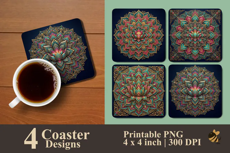 Sacred Lotus Floral Mandala Coaster Sublimation Designs