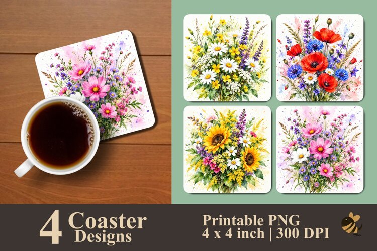 Watercolor Wildflower Bouquet Coaster Sublimation Designs example image 1