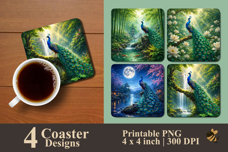Mystic Peacock Realm Coaster Sublimation Design