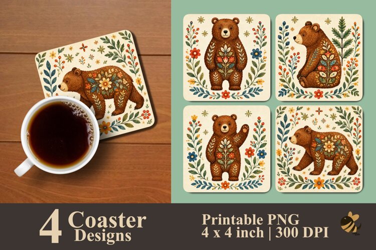 Folk Art Bear Coaster Sublimation Design example image 1
