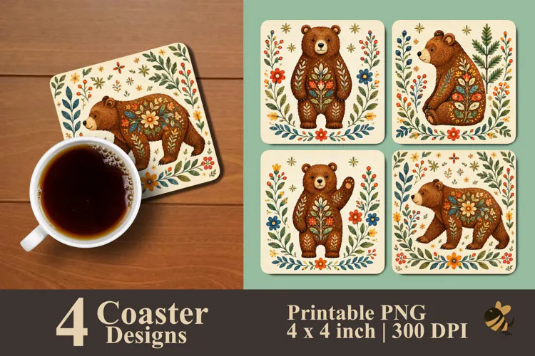 Folk Art Bear Coaster Sublimation Design
