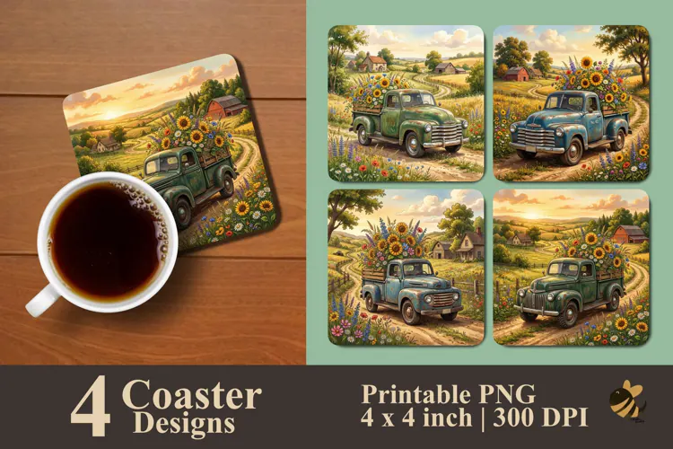 Vintage Farmhouse Truck Coaster Sublimation Designs