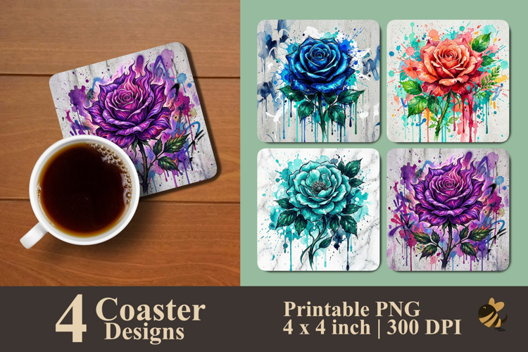 Watercolor Roses Series Coaster Sublimation Designs