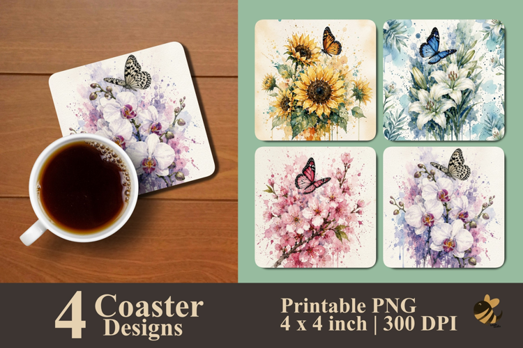 Butterfly and Blossoms Coaster Sublimation Designs