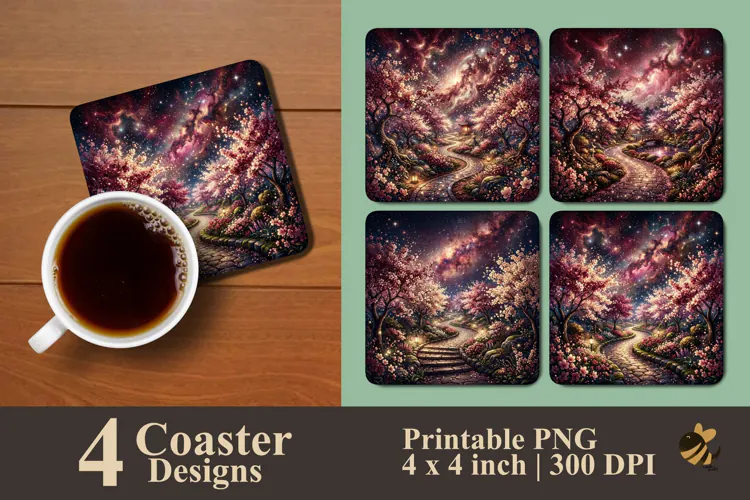 Cosmic Cherry Blossom Garden Coaster Sublimation Designs