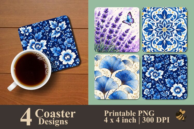 Classic Blue Botanical Coaster Sublimation Designs example image 1