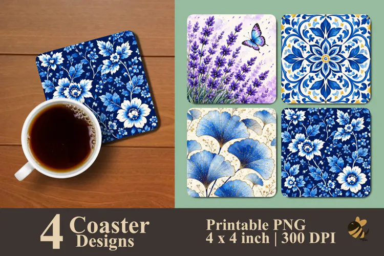 Classic Blue Botanical Coaster Sublimation Designs