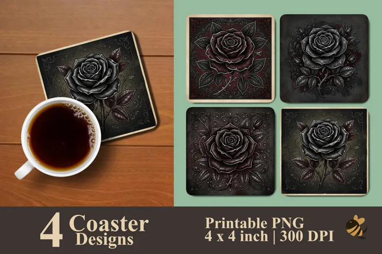 Gothic Black Rose Coaster Sublimation Designs