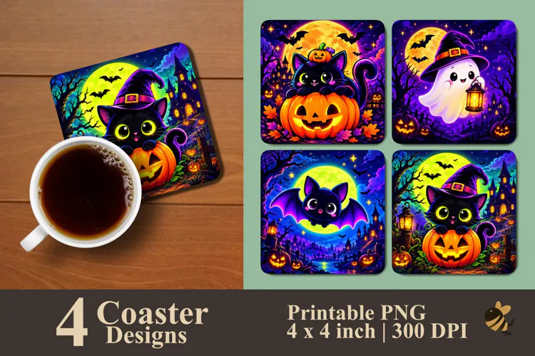 Neon Spooky Night Halloween Coaster Sublimation Designs