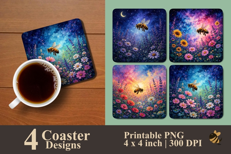 Cosmic Bee Blooms Coaster Sublimation Design