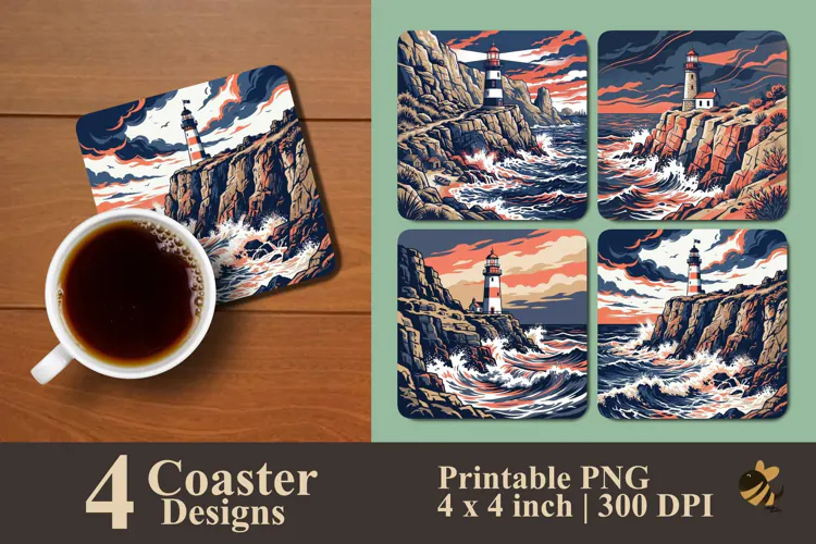 Ocean Cliff Lighthouse Coaster Sublimation Designs