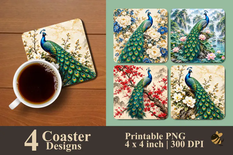 Majestic Peacock and Oriental Floral Coaster Sublimation