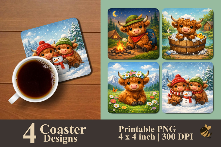 Cute Highland Harmony Coaster Sublimation Designs