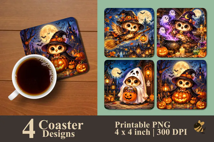 Cute Halloween Owls Coaster Sublimation Designs