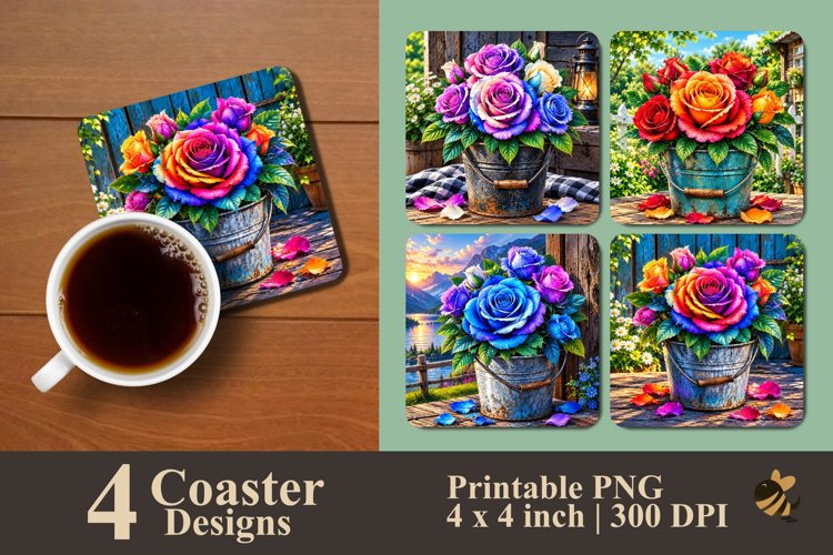 Colorful Roses in Bucket Coaster Sublimation Designs