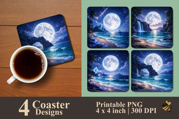 Moon At The Beach Coaster Sublimation Designs example image 1