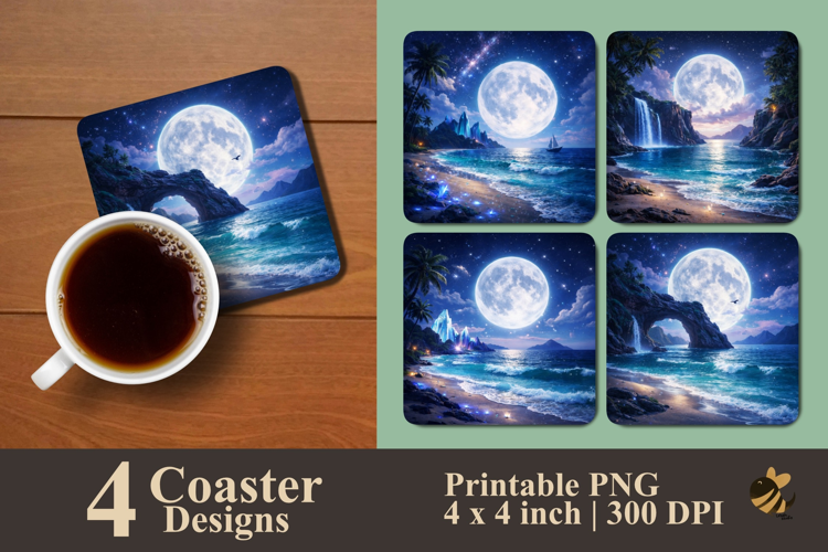 Moon At The Beach Coaster Sublimation Designs
