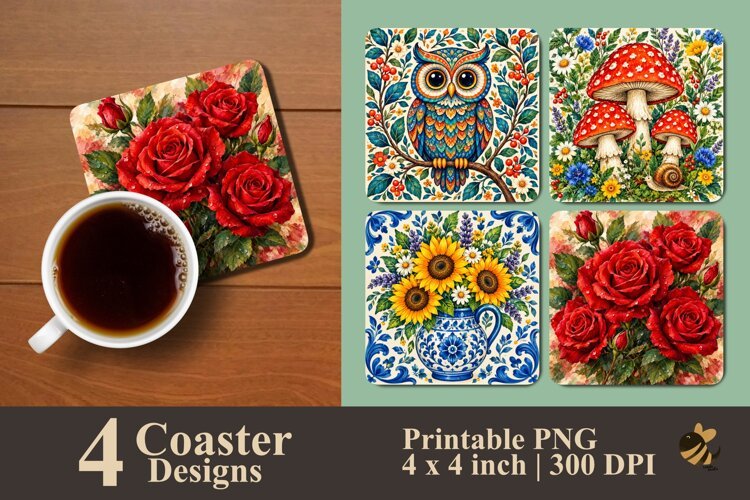 Decorative Folk Art Botanical Coaster Sublimation Design example image 1