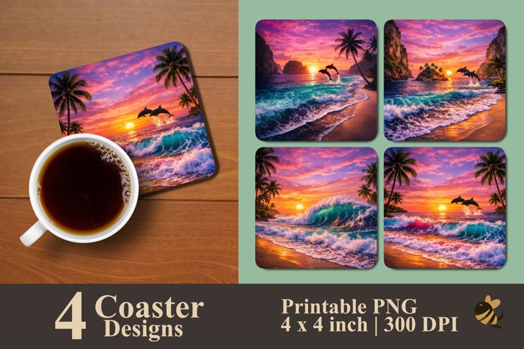 Tropical Beach At Sunset Coaster Sublimation Design
