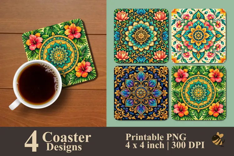 Colorful Ornamental Flower Coaster Sublimation Design