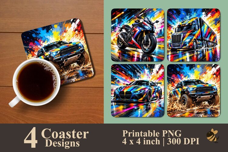 Colorful Paint Splash Vehicles Coaster Sublimation Designs example image 1