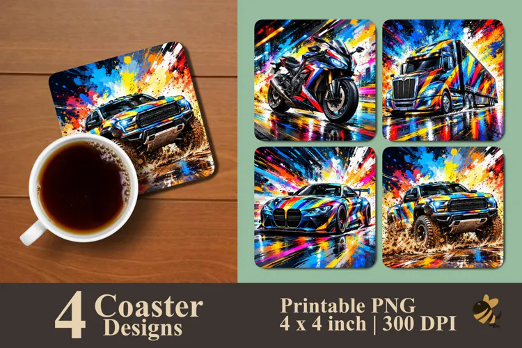 Colorful Paint Splash Vehicles Coaster Sublimation Designs