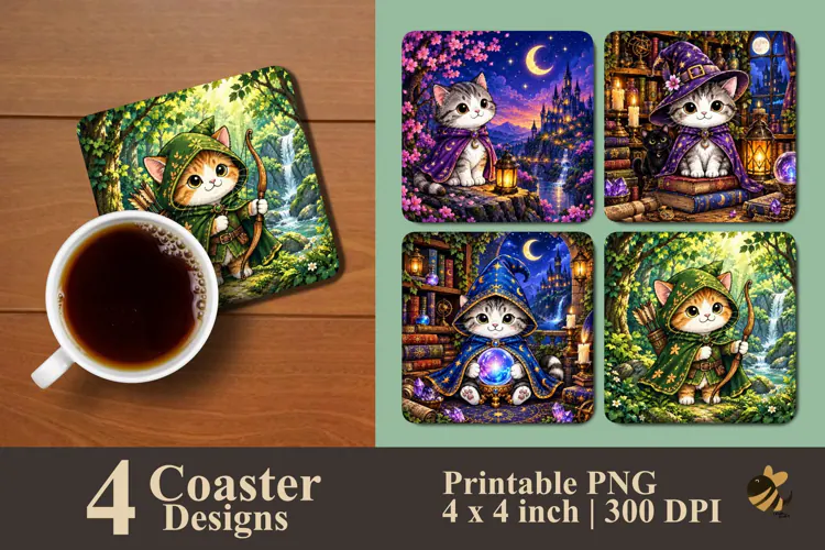 Fantasy Cat Wizard & Archer Coaster Sublimation Designs
