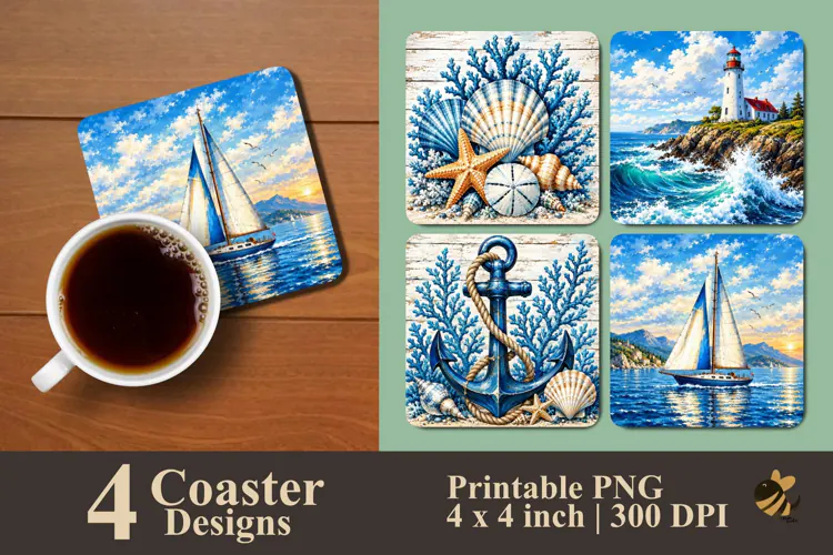 Nautical & Coastal Coaster Sublimation Designs