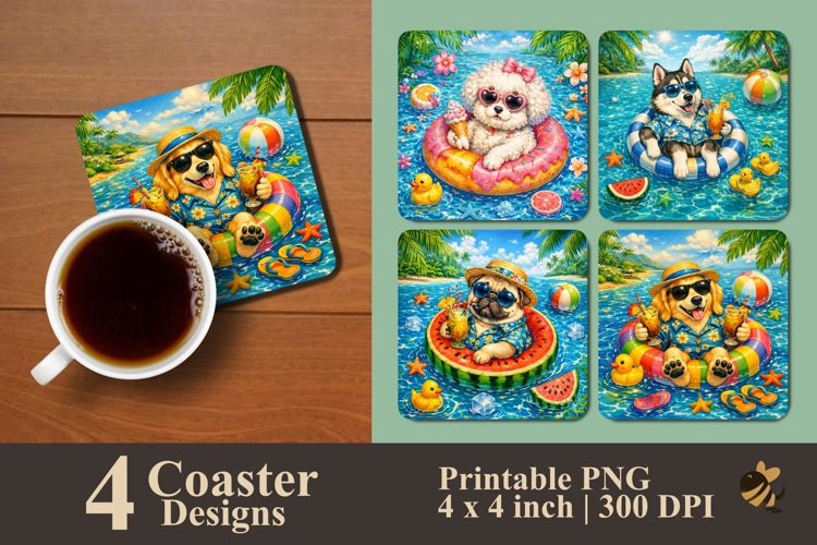 Poolside Pup Party Coaster Sublimation Design