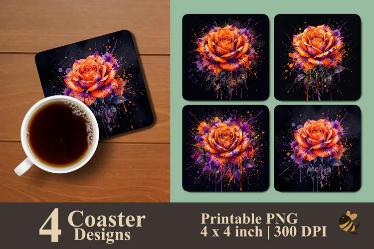 Artistic Rose Paint Splatter Coaster Sublimation Designs