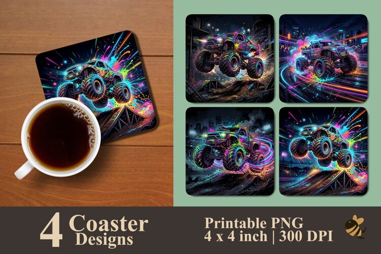 Neon Paint Monster Truck Coaster Sublimation Designs example image 1