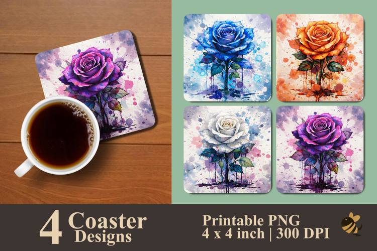 Watercolor Rose Collection Coaster Sublimation Designs
