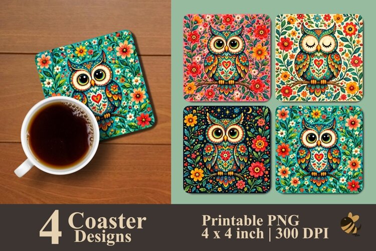 Floral Owls Harmony Coaster Sublimation Designs example image 1