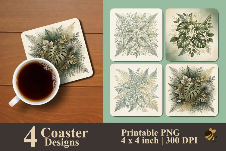 Monstera Fern & Tropical Foliage Coaster Sublimation Design