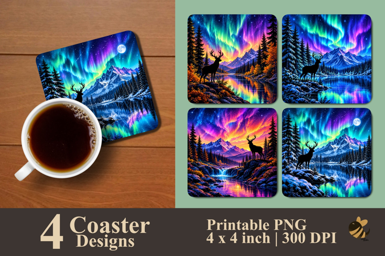 Deer in Northern Lights Coaster Sublimation Designs