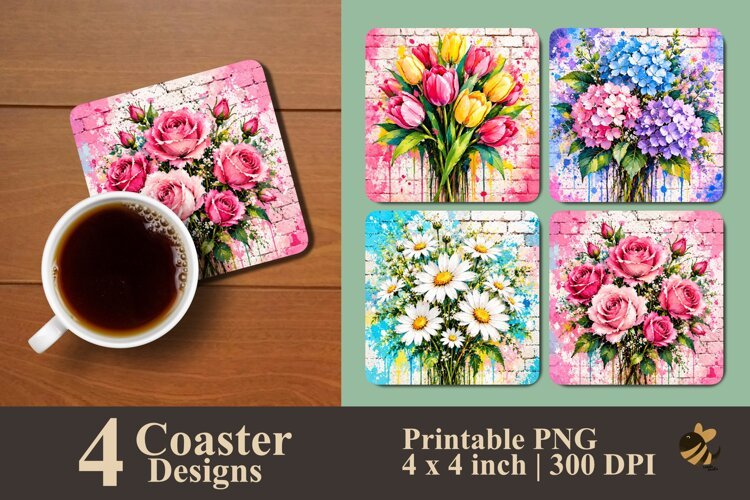 Watercolor Floral & Brick Wall Coaster Sublimation Design example image 1