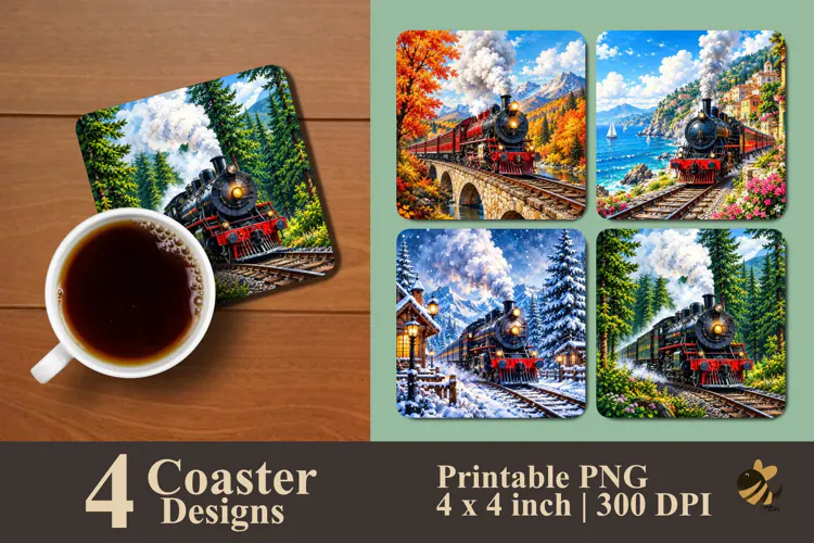 Retro Train Landscape Coaster Sublimation Designs