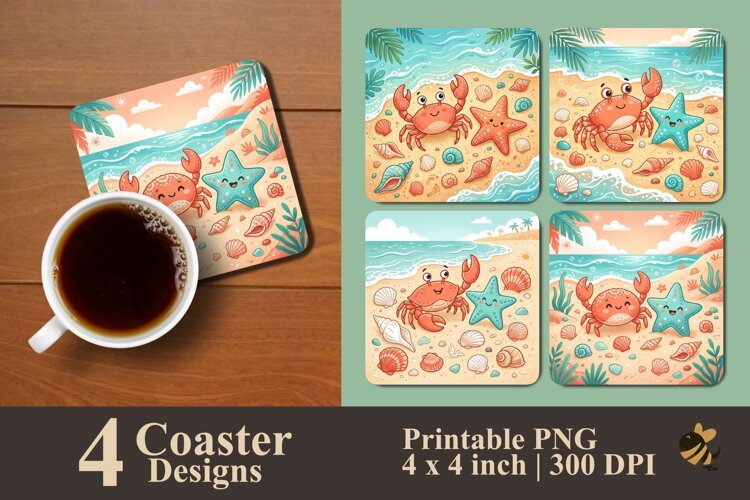 Cute Beach Crab & Starfish Coaster Sublimation Designs example image 1