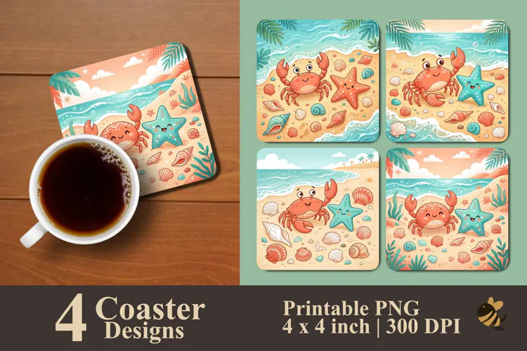 Cute Beach Crab & Starfish Coaster Sublimation Designs