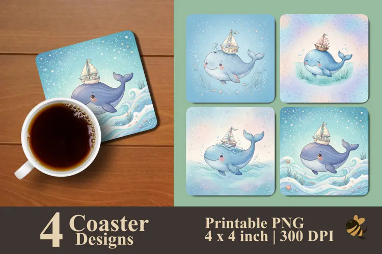Cute Whale with Sailboat Coaster Sublimation Designs
