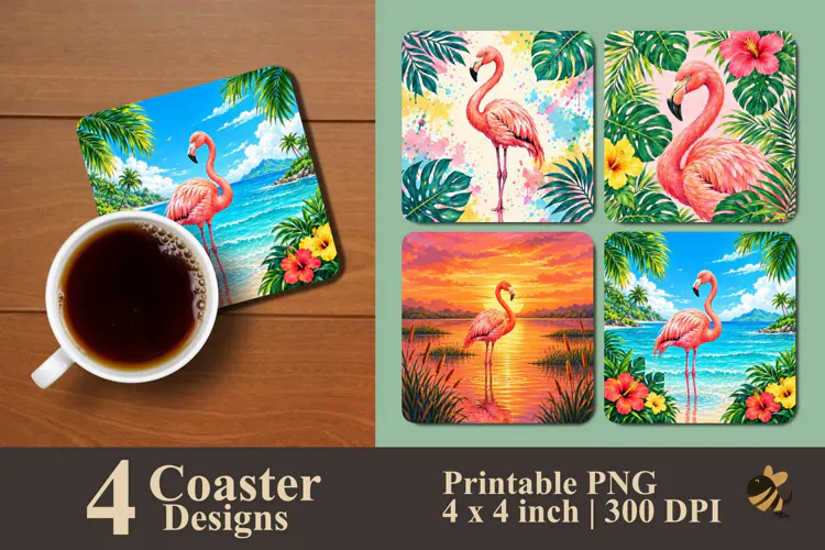 Pink Flamingo Floral Coaster Sublimation Designs