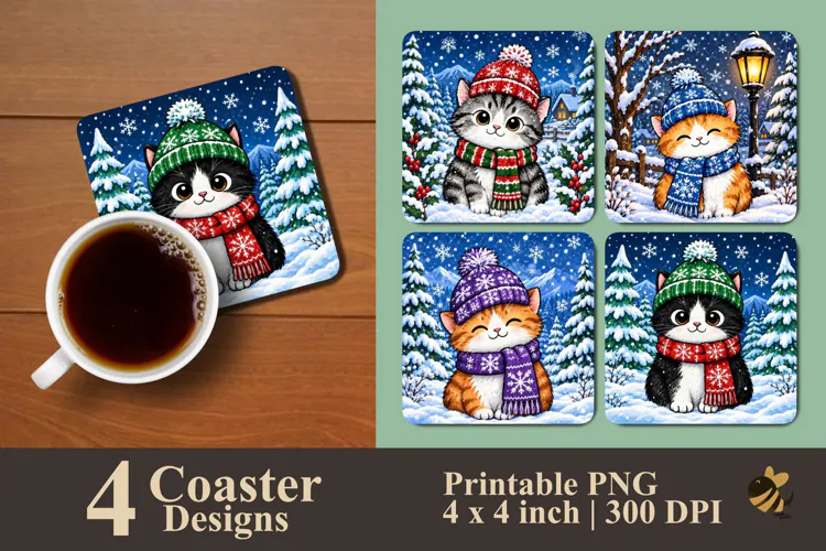 Winter Cats & Snow Coaster Sublimation Designs