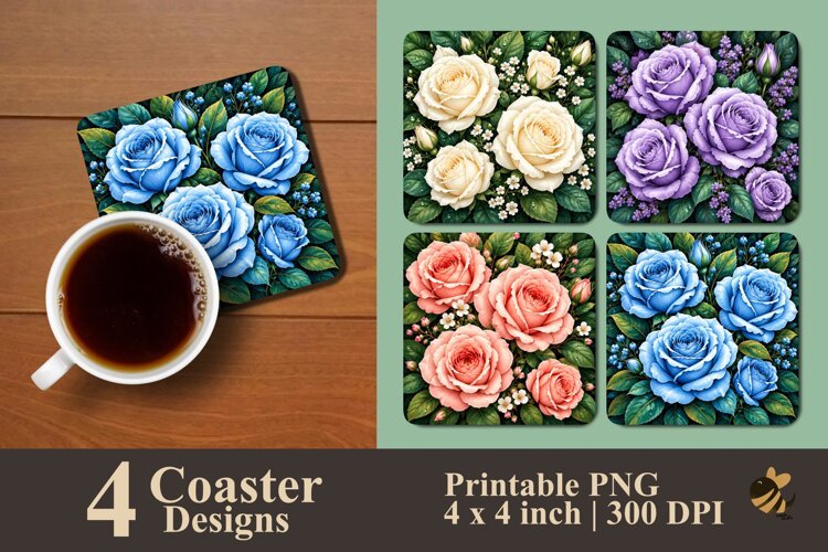 Botanical Floral Rose Coaster Sublimation Design example image 1