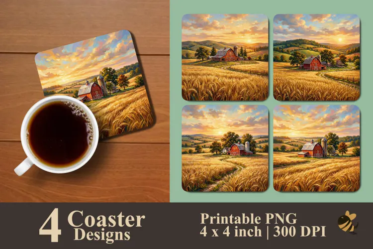 Golden Wheat Farmhouse Coaster Sublimation Designs