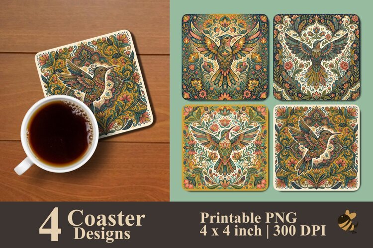 Hummingbird Folk Art Coaster Sublimation Designs example image 1