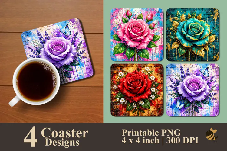 Artistic Rose Splatter Coaster Sublimation Designs