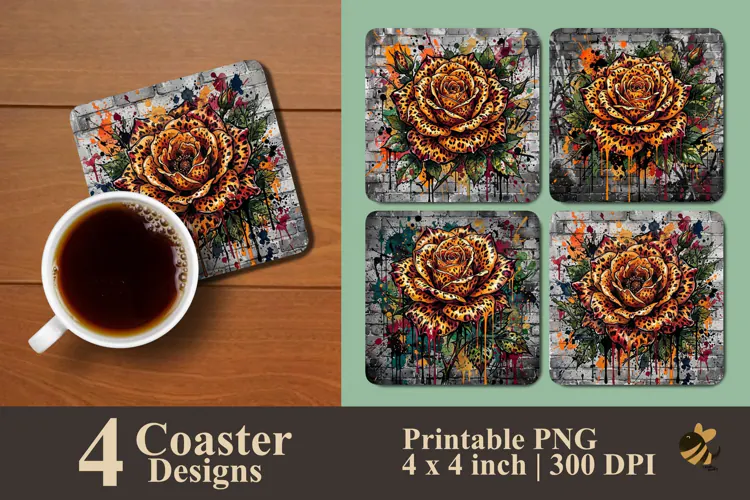 Leopard Print Rose Coaster Sublimation Designs