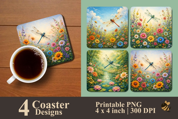 Dragonfly Garden Blooms Coaster Sublimation Design